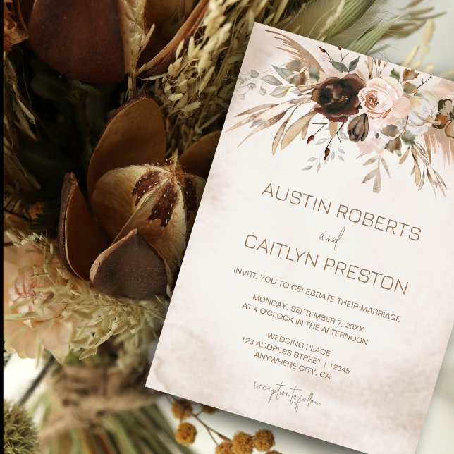 Boho Floral Pumpkin Fall in Love Wedding Invitation (Elegant boho floral wedding invitation with soft neutral tones #rusticwedding #BohoWedding )