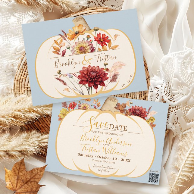Boho Floral Pumpkin Fall Wedding Dusty Blue Save The Date (Modern Autumn boho pampas grass fall floral Dusty Blue pumpkin script wedding save the date card)