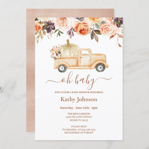 Boho Floral Pumpkin Pickup Truck Baby Shower  Invitation