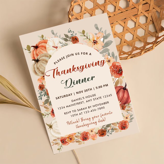 Boho Floral Pumpkin Thanksgiving Dinner Invitation (Creator Uploaded)
