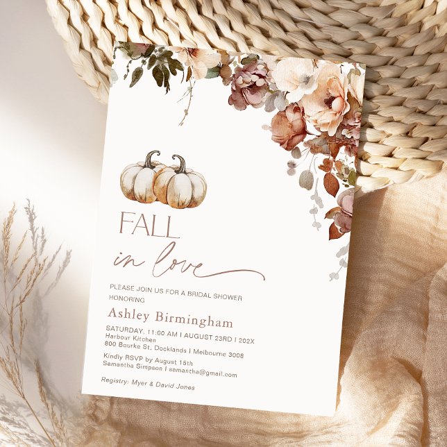 Boho Floral Pumpkins Fall In Love Bridal Shower Invitation (Fall Bridal Shower Invitation, Boho Floral Autumn Bridal Shower Invite, Pumpkins, Warm Fall Colors)