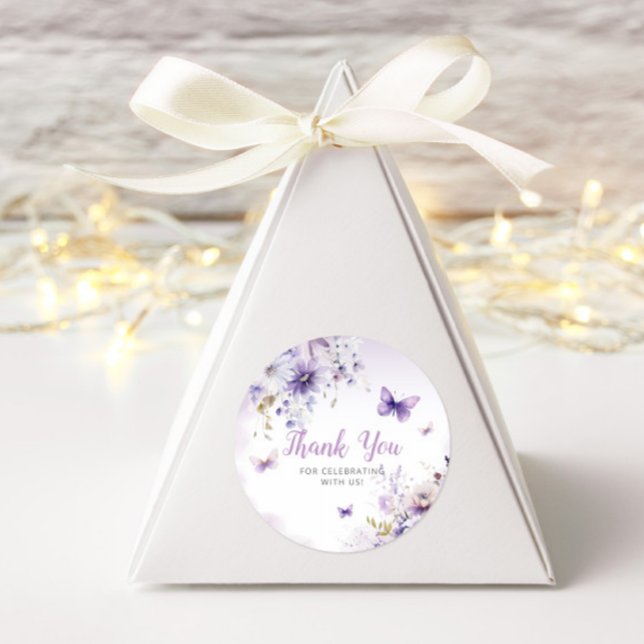 Boho Floral Purple Butterfly Baby Shower Thank You Classic Round Sticker (Creator Uploaded)