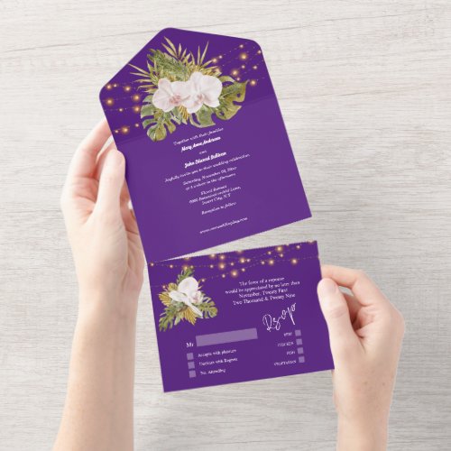 Boho floral purple orchid wildflower chic wedding all in one invitation