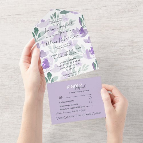 Boho Floral Purple pattern  Watercolor Wedding  All In One Invitation