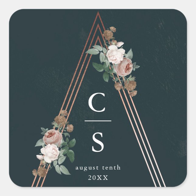 Boho floral pyramid structural wedding favor square sticker (Front)