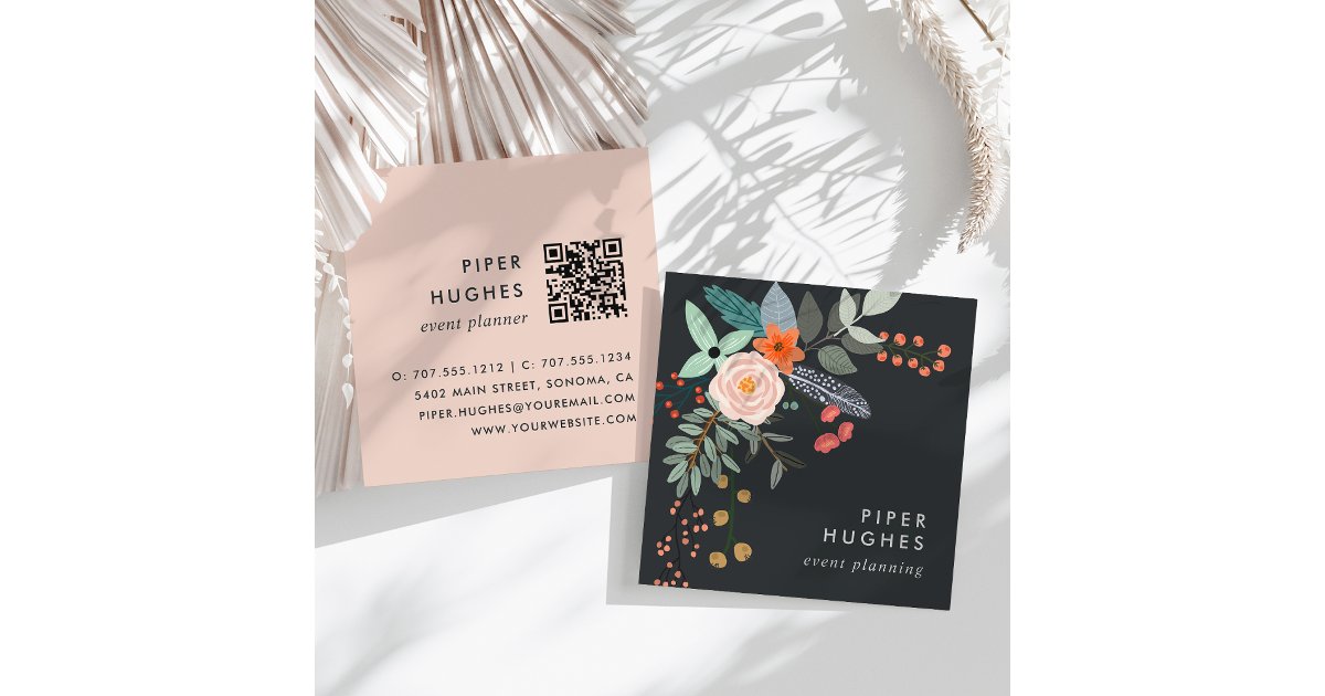 Boho Floral QR Code Square Business Card | Zazzle