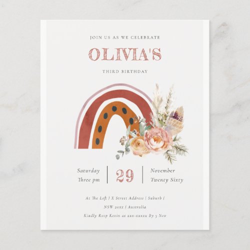 Boho Floral Rainbow Any Age Birthday Budget Invite Flyer