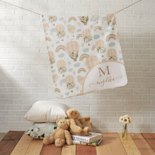 Boho Floral Rainbow Hot Air Balloon Modern Script Baby Blanket