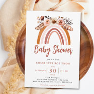 Boho Floral Rainbow Terracotta Orange Baby Shower  Invitation