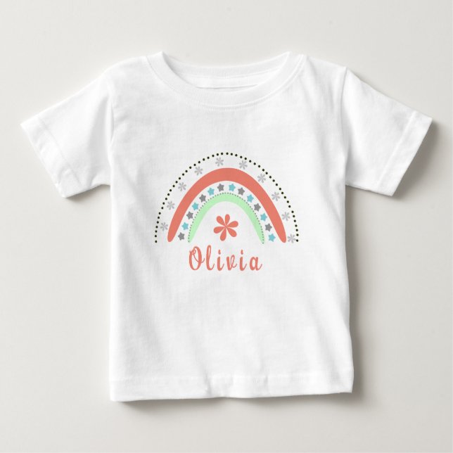 Boho Floral Rainbow With Personalized Name Baby T-Shirt (Front)