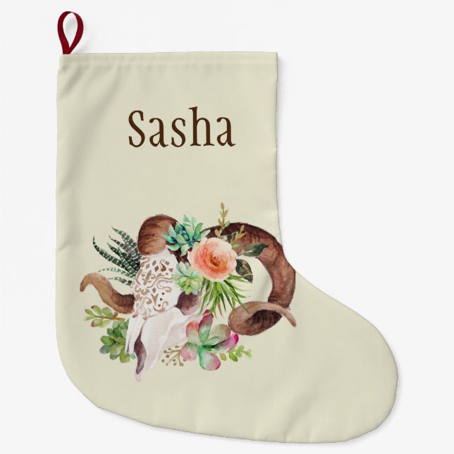 Boho Floral Ram Skull Personalized Large Christmas Stocking (Front)