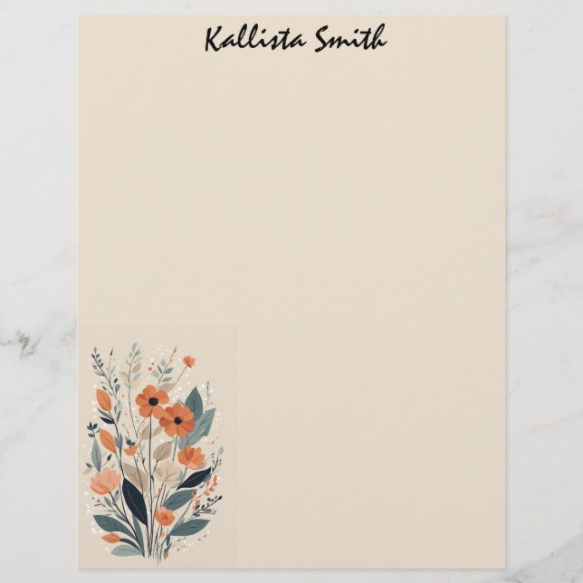 Boho Floral Raw Sienna & Salmon Stationery (Front)