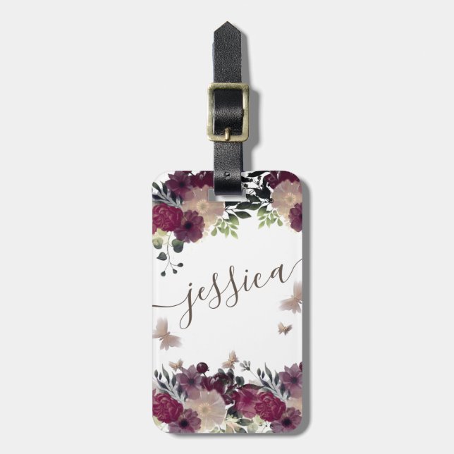Boho floral romantic script butterfly luggage tag (Front Vertical)