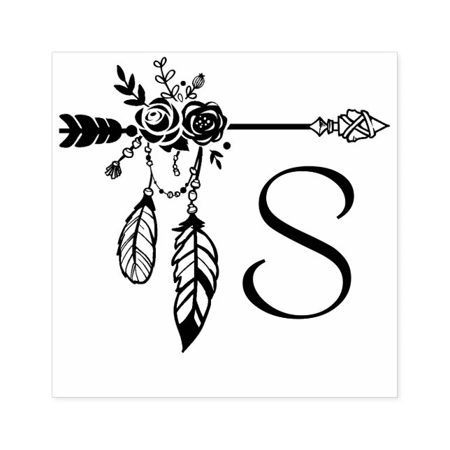 Boho Floral Rose Arrow Monogram Initial Rubber Stamp (Imprint)