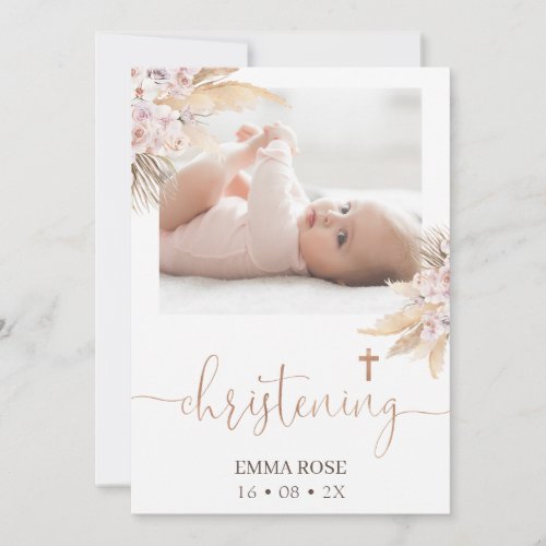 Boho Floral Rose Calligraphy Photo Christening Invitation