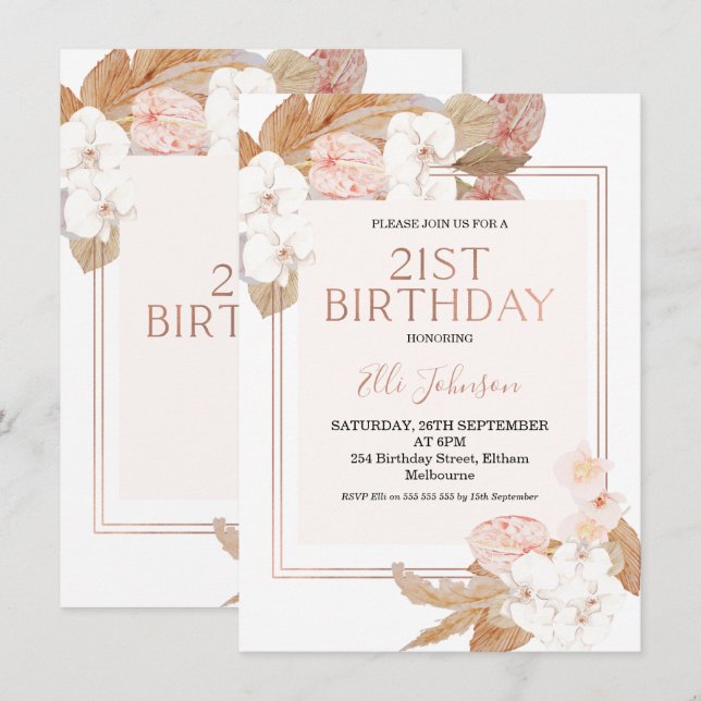 Boho Floral Rose Gold 21st Birthday Invitation (Front/Back)