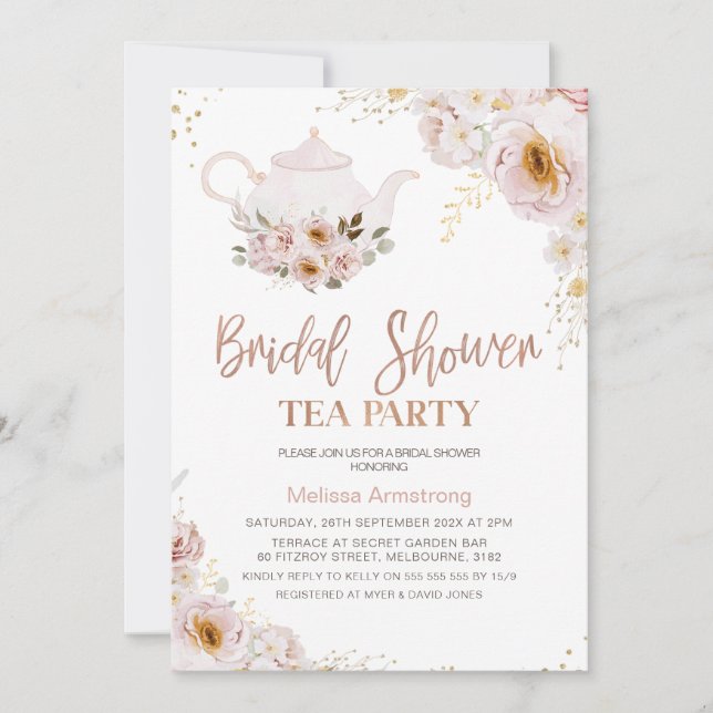 Boho Floral Rose Gold Bridal Shower Tea Party Invitation (Front)
