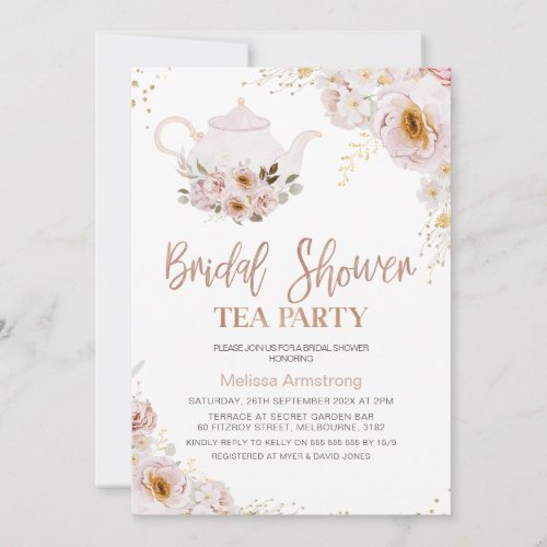 Boho Floral Rose Gold Bridal Shower Tea Party Invitation