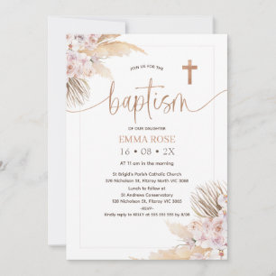 Boho Floral Rose Gold Calligraphy Baptism Invitation