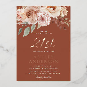 Boho Floral Rose Gold Foil 21st Birthday Party Invitation