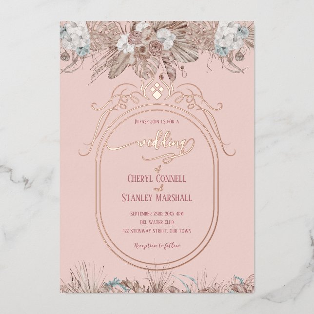 boho floral rose gold wedding foil invitation (Front)