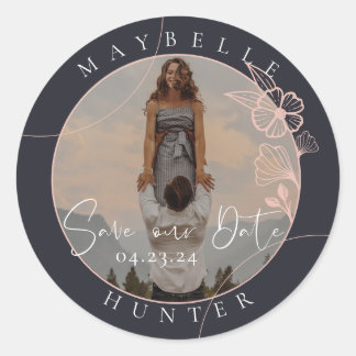 Boho Floral Rose Photo Circle Navy Save The Date Classic Round Sticker