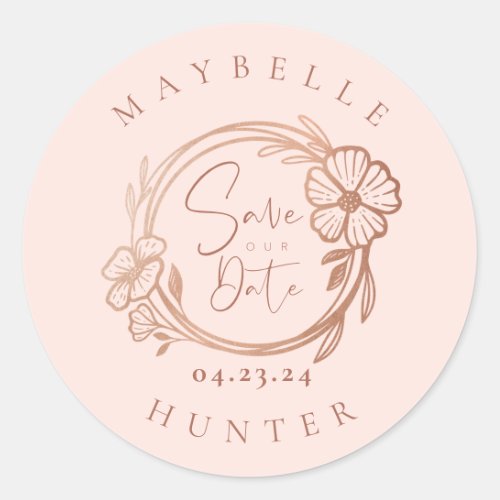 Boho Floral Rose Photo Circle Pink Save The Date Classic Round Sticker