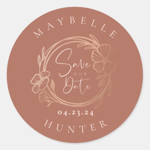 Boho Floral Rose Photo Circle Save The Date Brown Classic Round Sticker