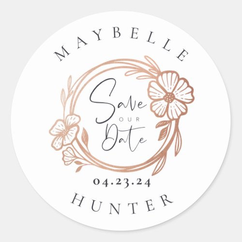 Boho Floral Rose Photo Circle White Save The Date Classic Round Sticker