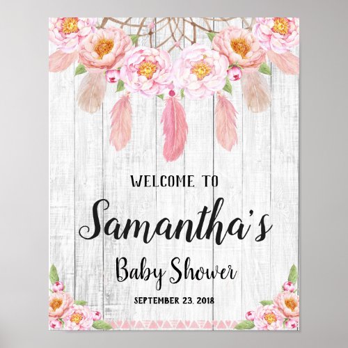Boho Floral Rustic Baby Shower Welcome Poster Sign
