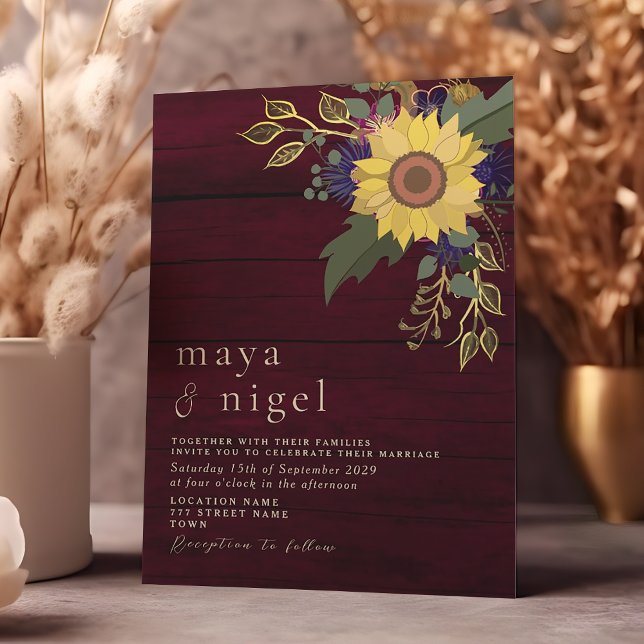 Boho Floral Rustic Burgundy Wedding Invitation (Creator Uploaded)