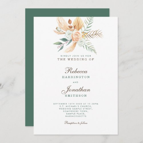 Boho Floral Rustic Emerald Green Bronze Wedding Invitation