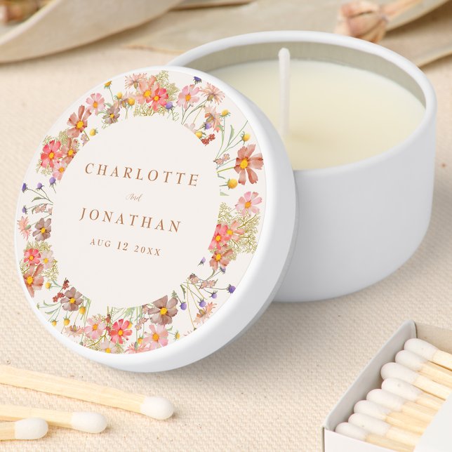 Boho Floral Rustic Fall Wedding Mini Candle Favors (Boho fall rustic floral wedding favor candle Watercolor wildflowers elegant modern brown beige cream)