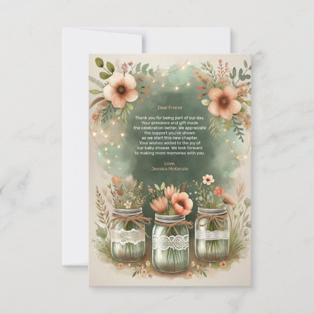 Boho Floral Rustic Floral Mason Jar Baby Shower Thank You Card (Front)