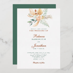 Boho Floral Rustic Green Gold Bronze Wedding Foil Invitation