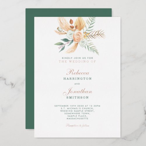 Boho Floral Rustic Green Gold Bronze Wedding Foil Invitation