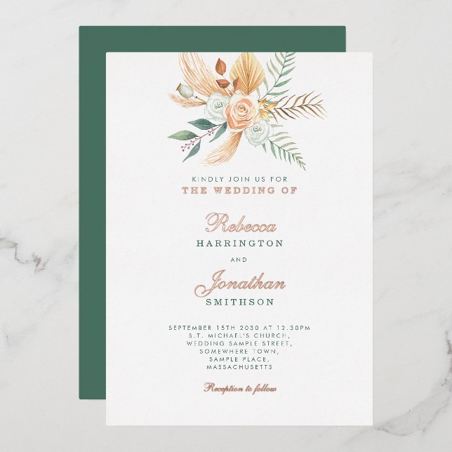 Boho Floral Rustic Green Gold Bronze Wedding Foil Invitation (Front/Back)