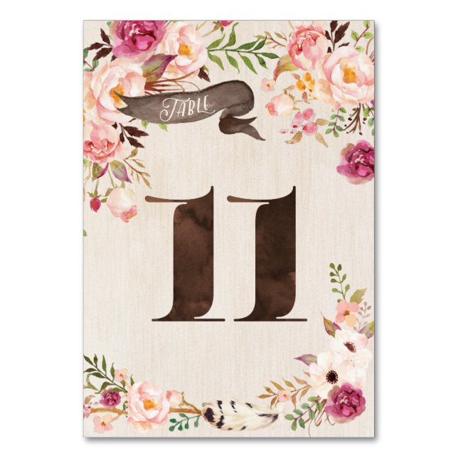 Boho Floral Rustic Wedding Table Number Card 11 (Front)