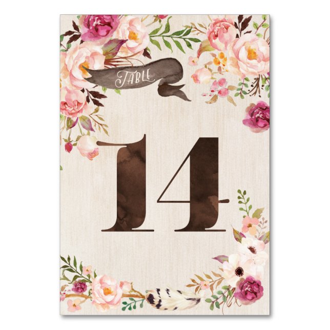 Boho Floral Rustic Wedding Table Number Card 14 (Front)