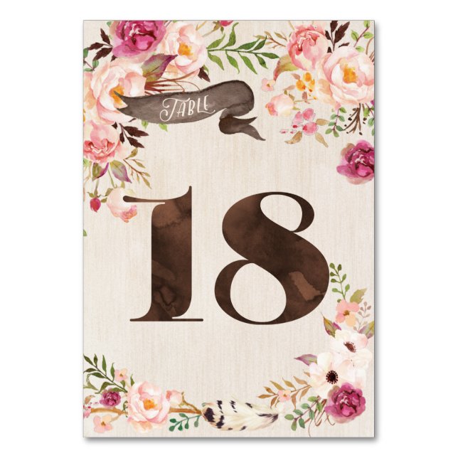 Boho Floral Rustic Wedding Table Number Card 18 (Front)