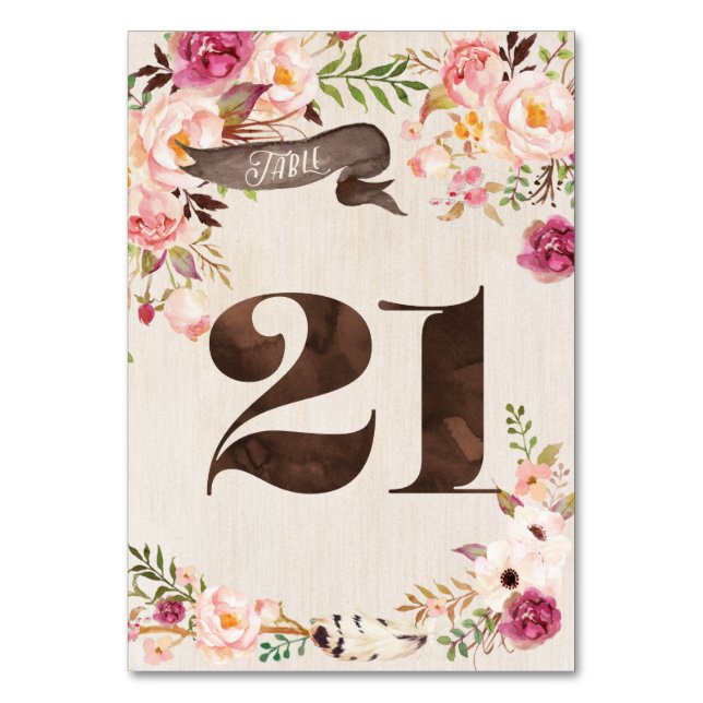 Boho Floral Rustic Wedding Table Number Card 21 (Front)