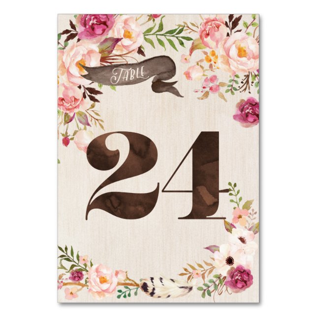 Boho Floral Rustic Wedding Table Number Card 24 (Front)