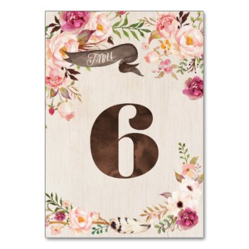 Boho Floral Rustic Wedding Table Number Card 6 by joyonpaper at Zazzle