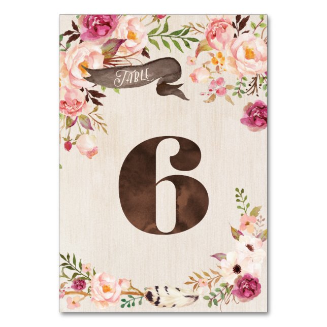 Boho Floral Rustic Wedding Table Number Card 6 (Front)