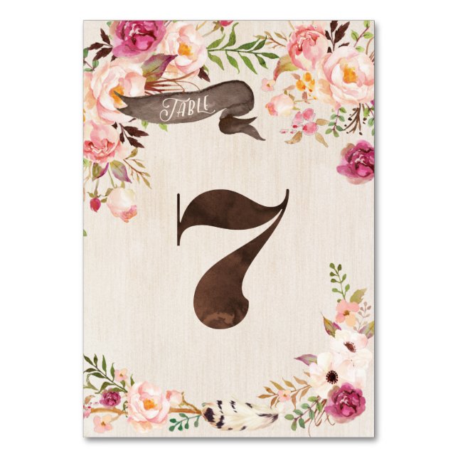 Boho Floral Rustic Wedding Table Number Card 7 (Front)