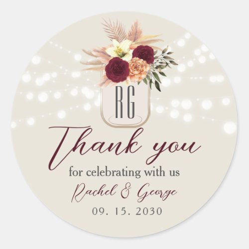 Boho Floral Rustic Wedding Thank You Classic Round Sticker