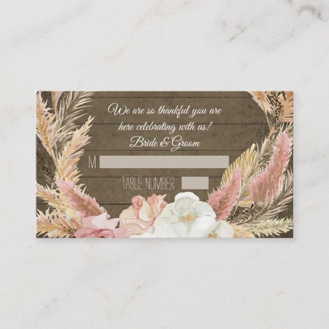Boho Floral Rustic Wood Pampas Grass Place Cards (Front)