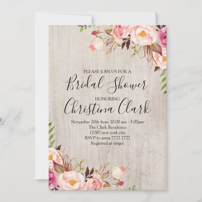 Boho Floral Rustic Wood Roses Bridal Shower Invitation (Front)