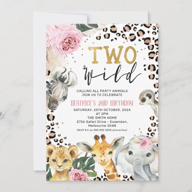 Boho Floral Safari Two Wild 2nd Birthday Invitation (Front)
