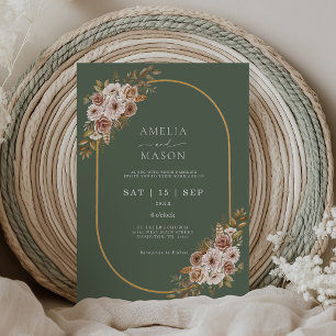Boho Floral Sage Green and Gold Wedding Invitation